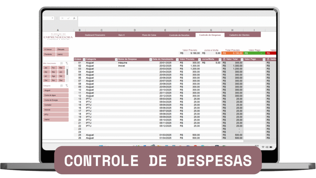 Aba onde você registra todas as suas despesas fixas e variáveis