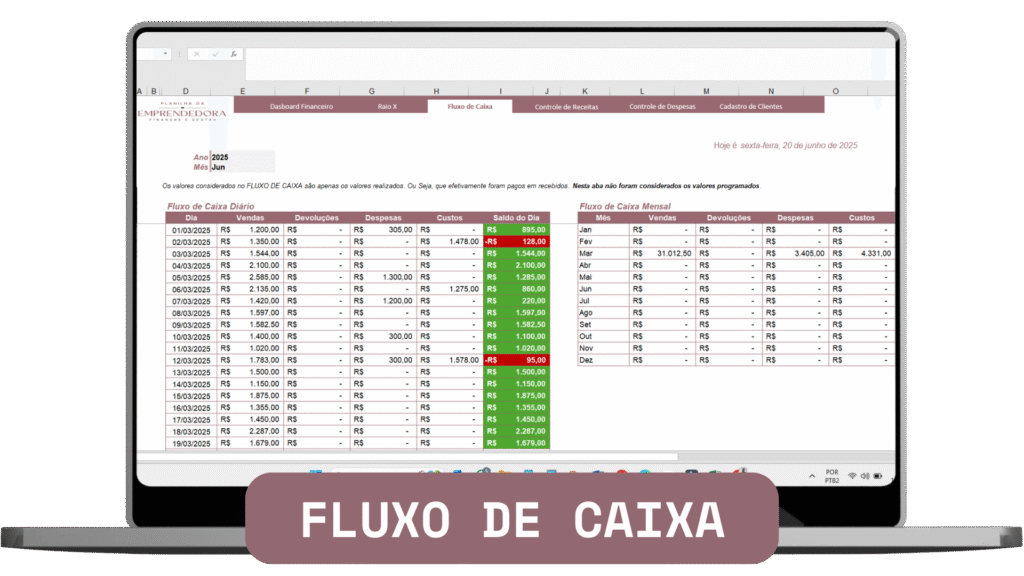 Aba que mostra suas entradas e saídas efetuadas por dia e mês